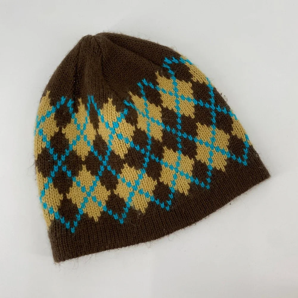 Vintage Aeropostale Y2K Argyle Beanie OS Brown Knit Winter Hat Geometric Pattern